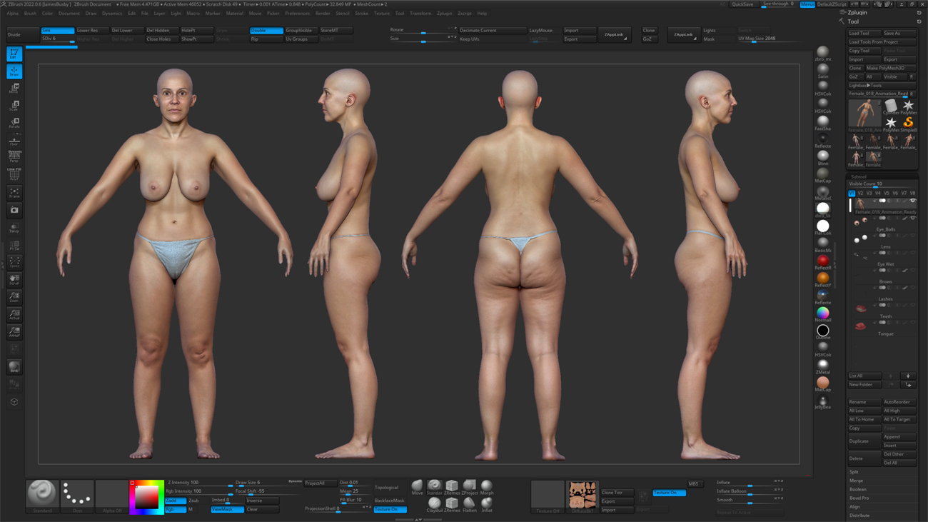 ZBrush ZTool render of a fuller-figured female 3D body scan at high subdivision level showing sculpt-ready geometry